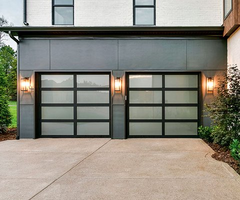 Full-view aluminum garage doors with frosted glass